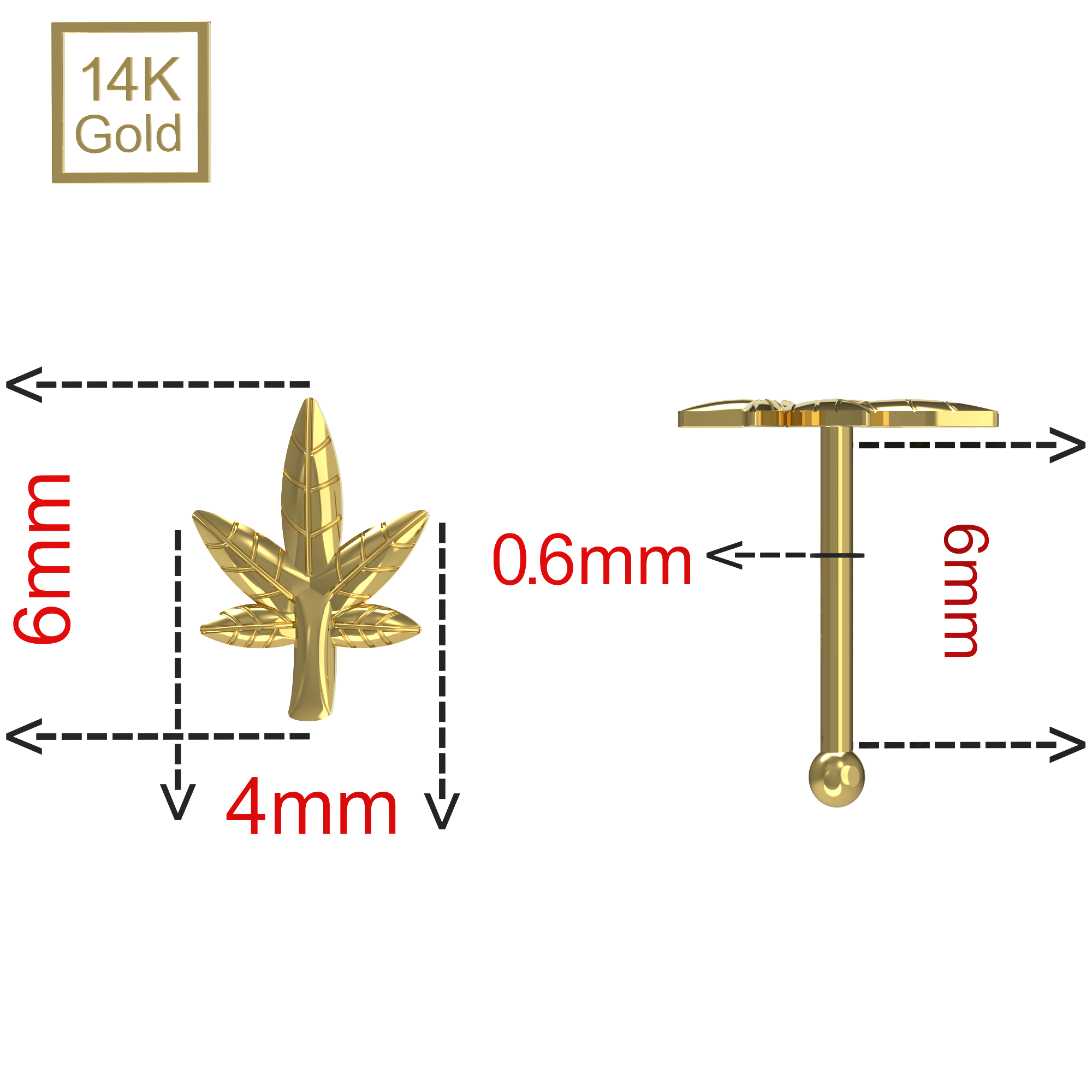 14K Gold Ball End Marijuana Nose Stud - Monster Piercing