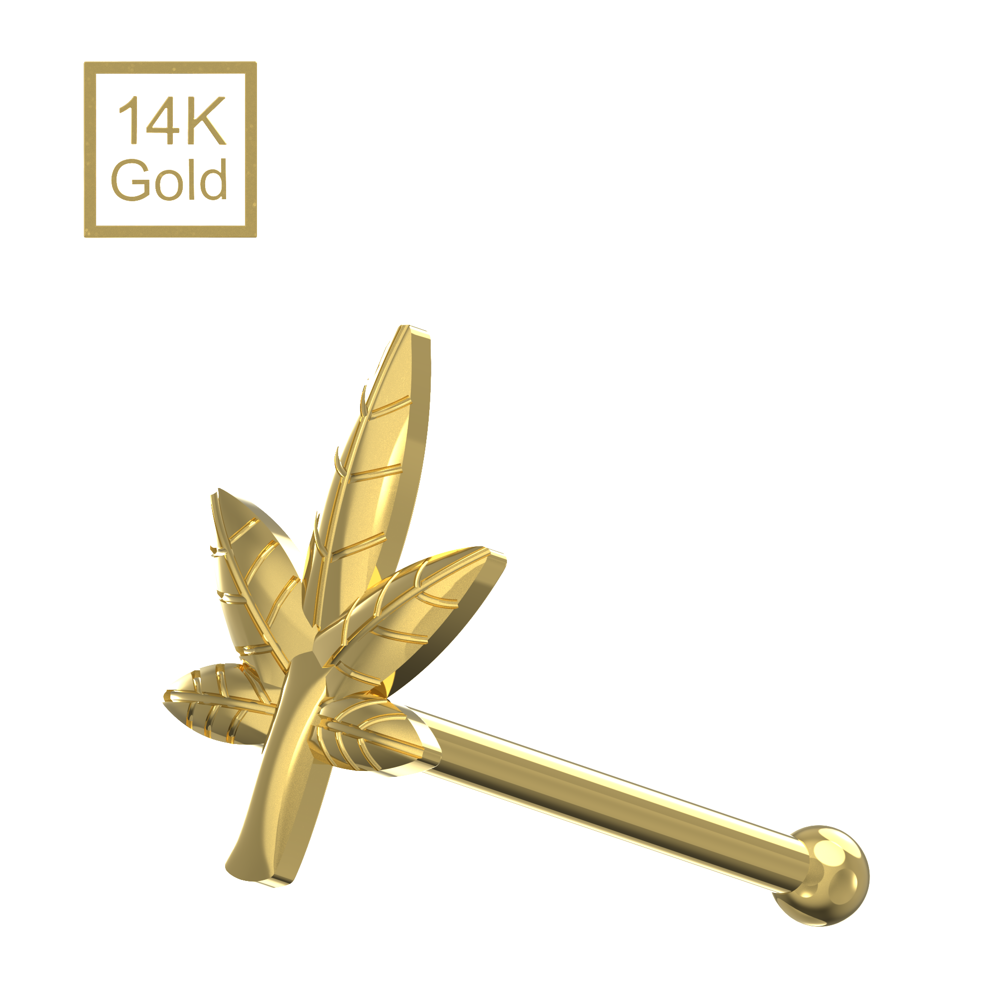 14K Gold Ball End Marijuana Nose Stud - Monster Piercing