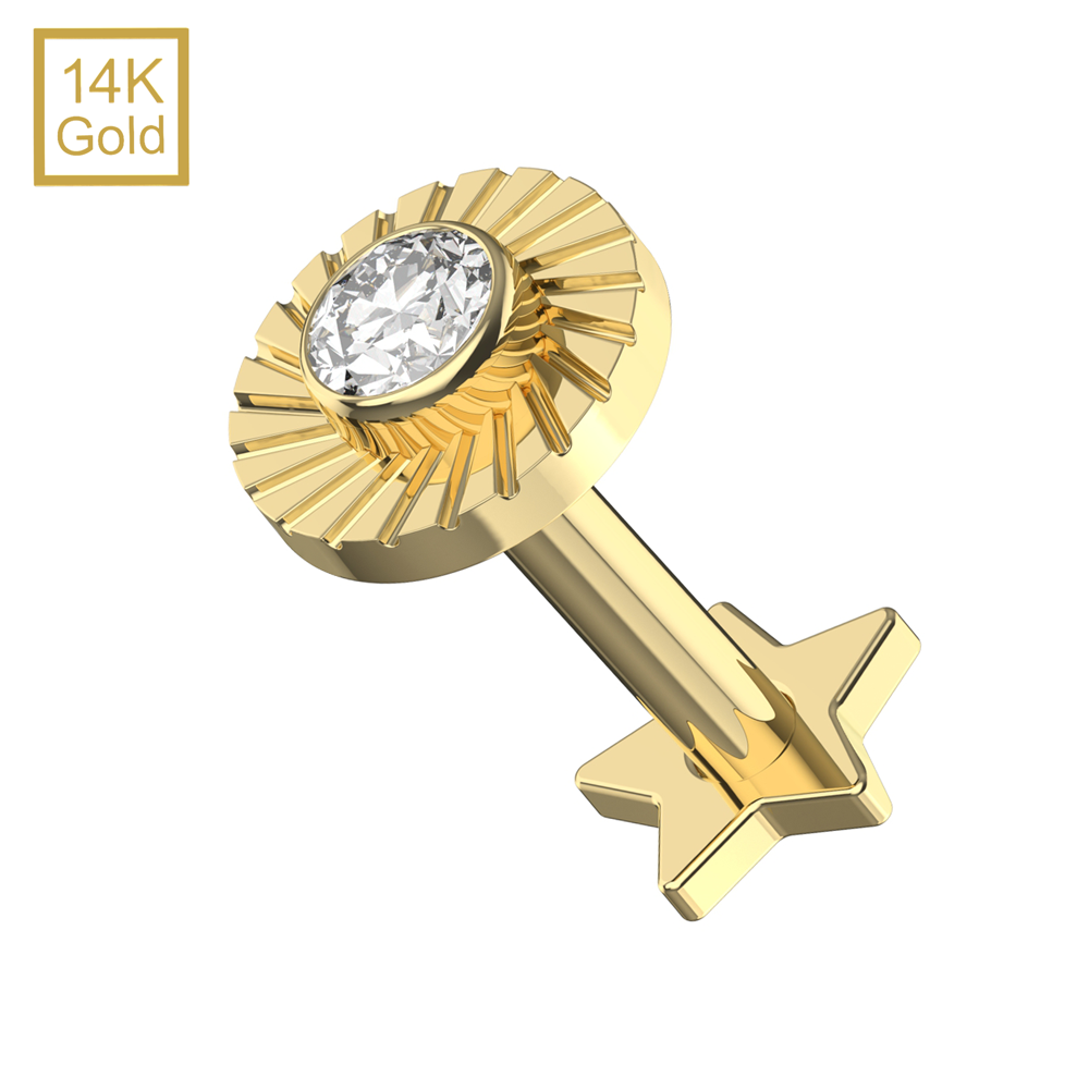 14K Gold  CZ Jeweled Laser Cut Button Top With Internal Thread Base Labret - Monster Piercing