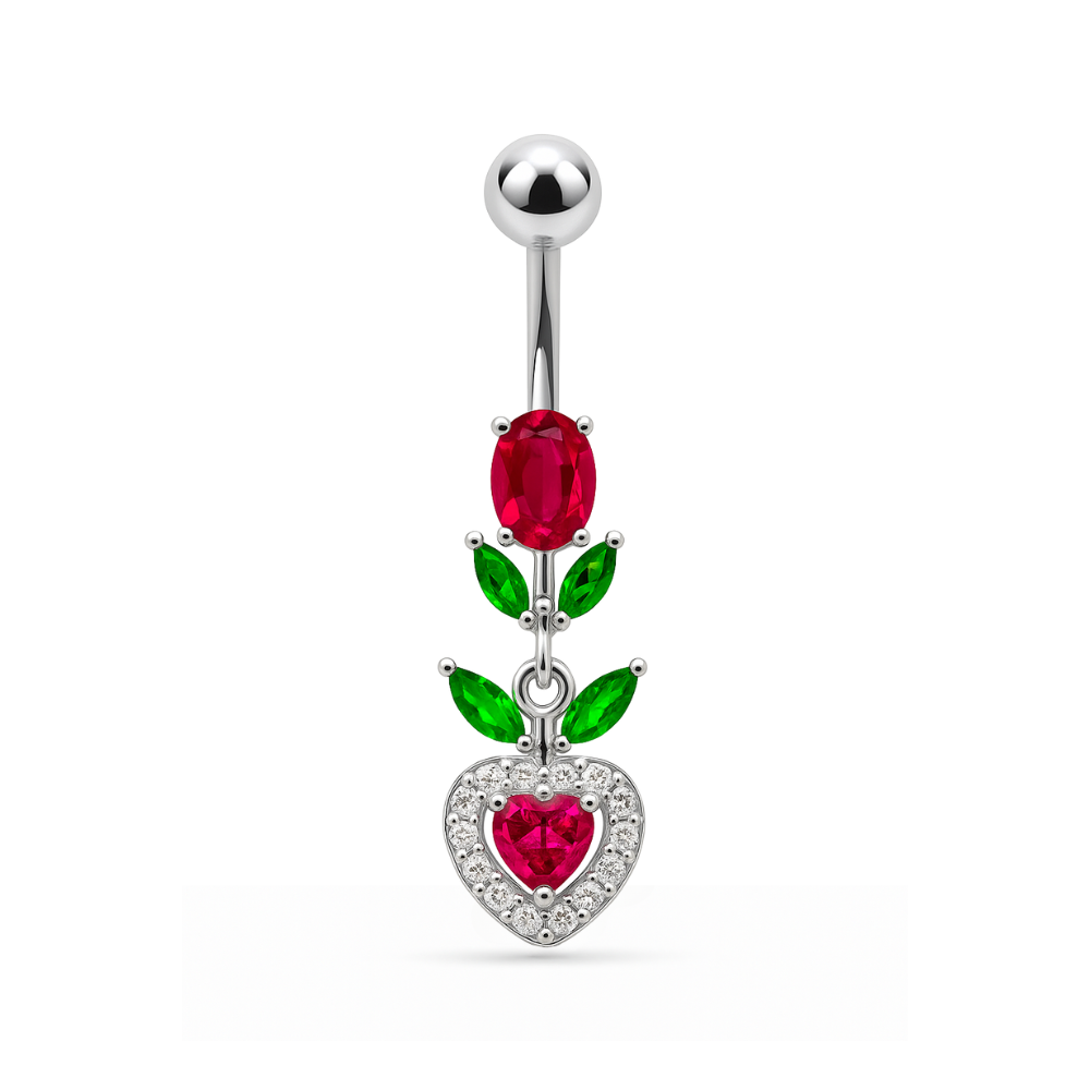 925 Sterling Silver Fancy Multi Stone Leafs With Heart Dangling Navel Ring - Monster Piercing