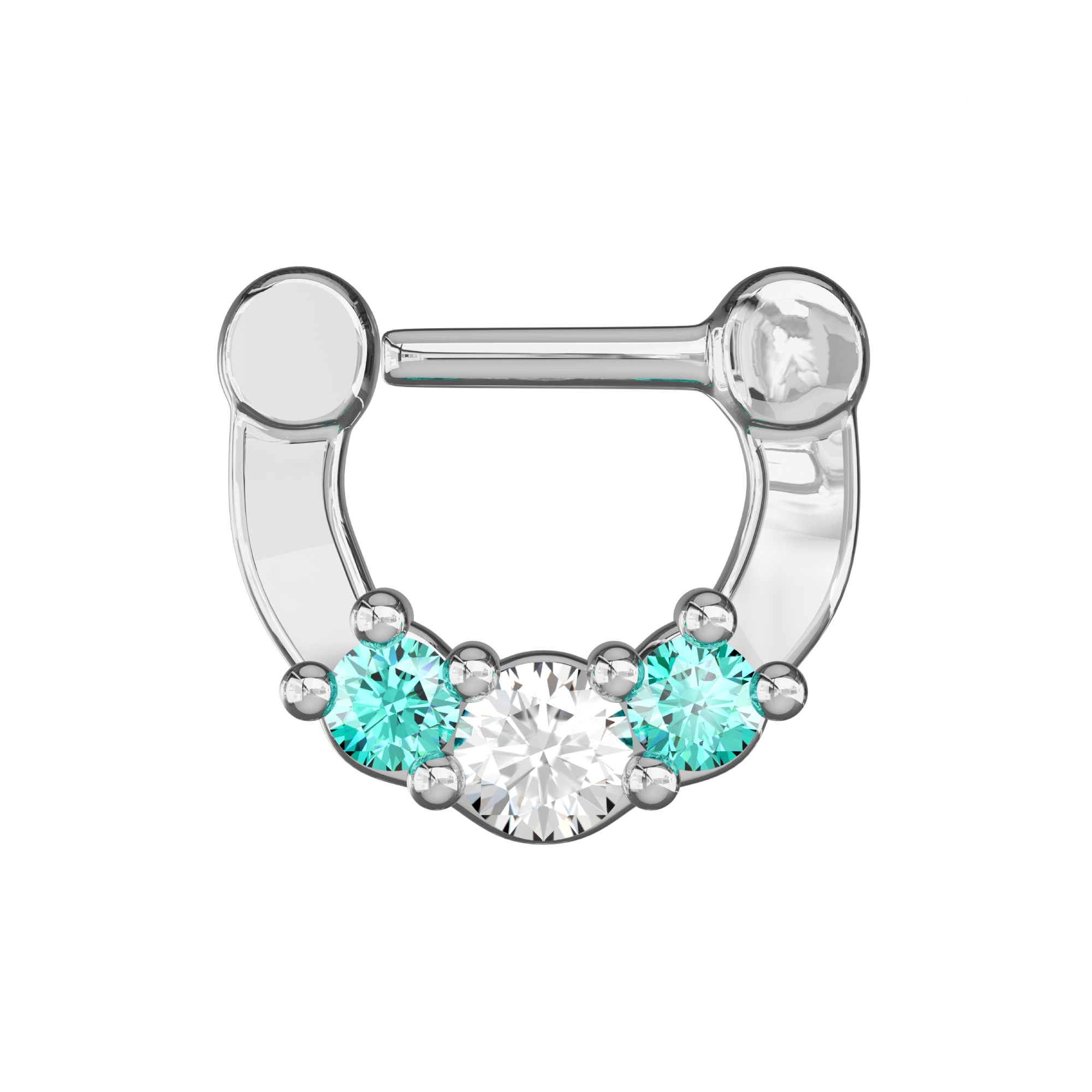316L Surgical Steel Three Pronged White and Aqua CZs Septum Clicker Ring - Monster Piercing