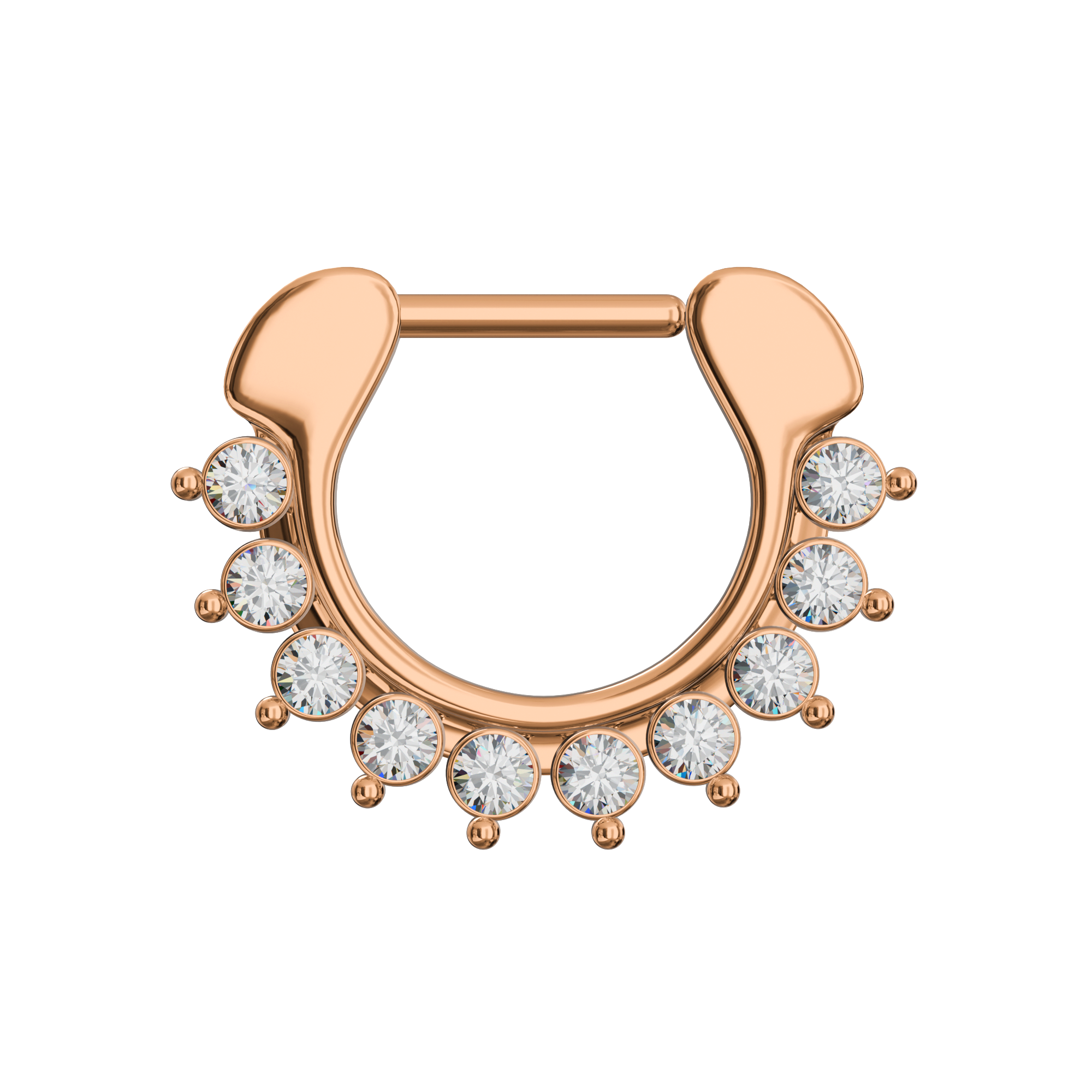 316L Surgical Steel With Rose Gold PVD Single Line 9 CZ's Pronged Septum Clicker Ring - Monster Piercing