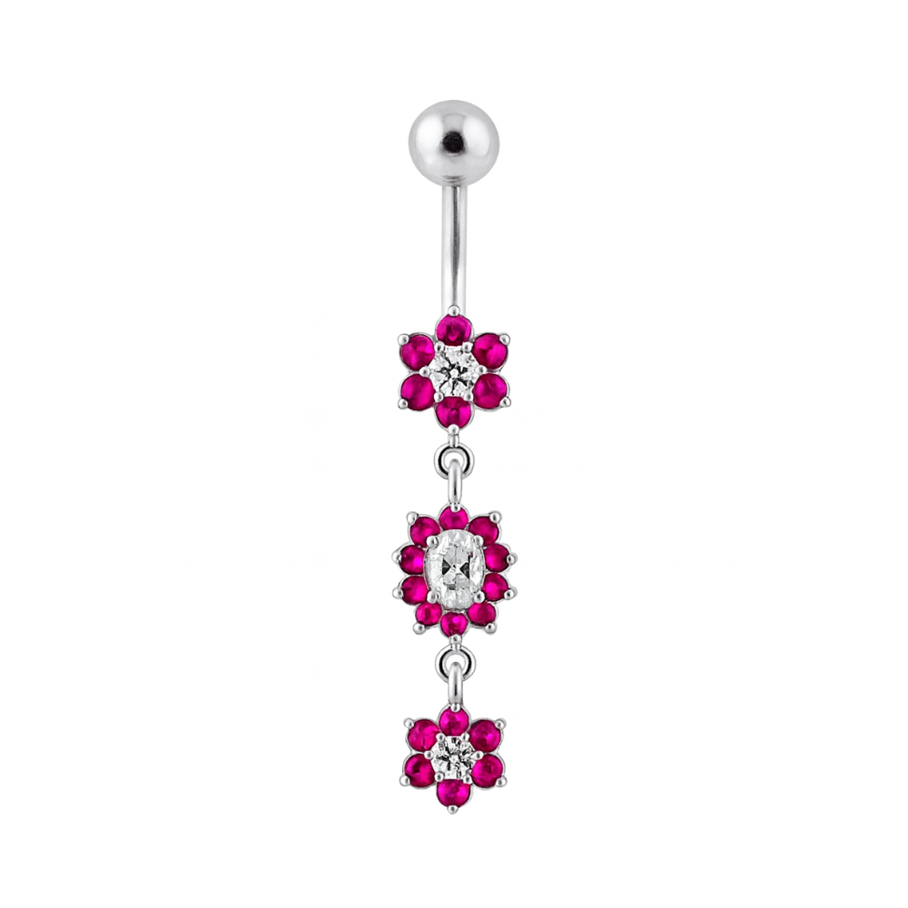925 Sterling Silver Triple Flowers  Jewelled Dangling Belly Ring - Monster Piercing