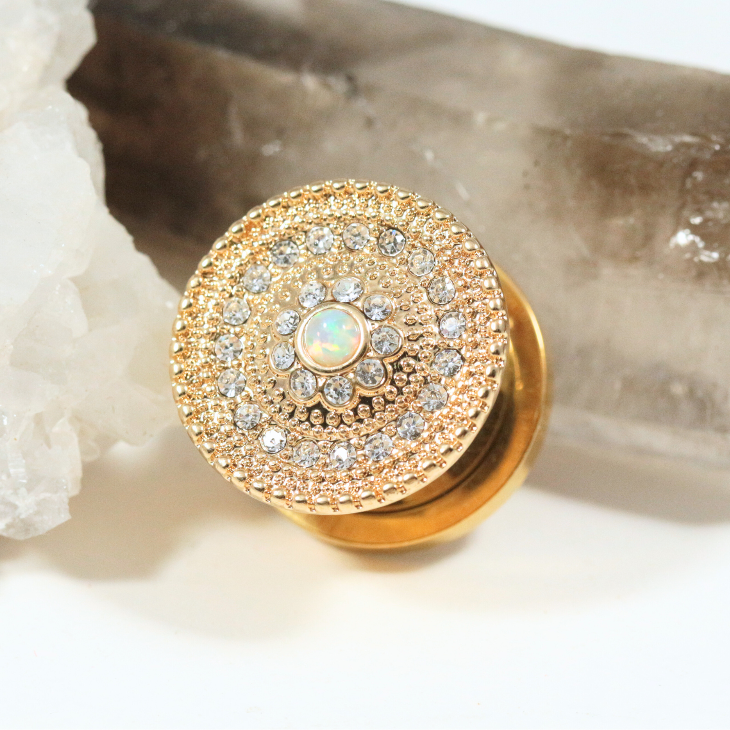 316L Surgical Steel with Gold PVD CZ and Opal Studded Ear Flesh Tunnel - Monster Piercing