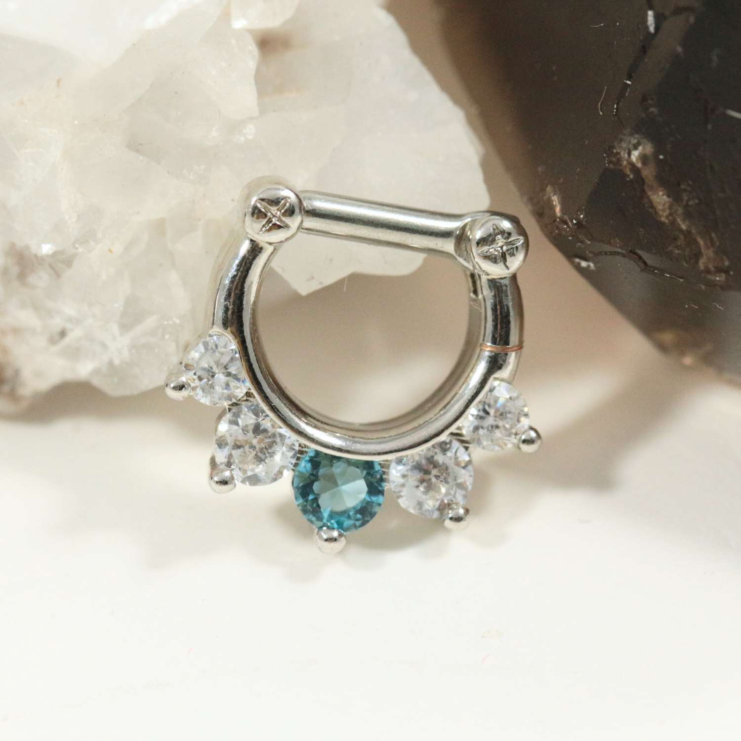 316L Surgical Steel Five Pronged White & Aqua CZs Septum Clicker Ring - Monster Piercing