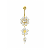 925 Sterling Silver Double Pink Flower Silver Dangling SS Curved Bar Belly Ring
