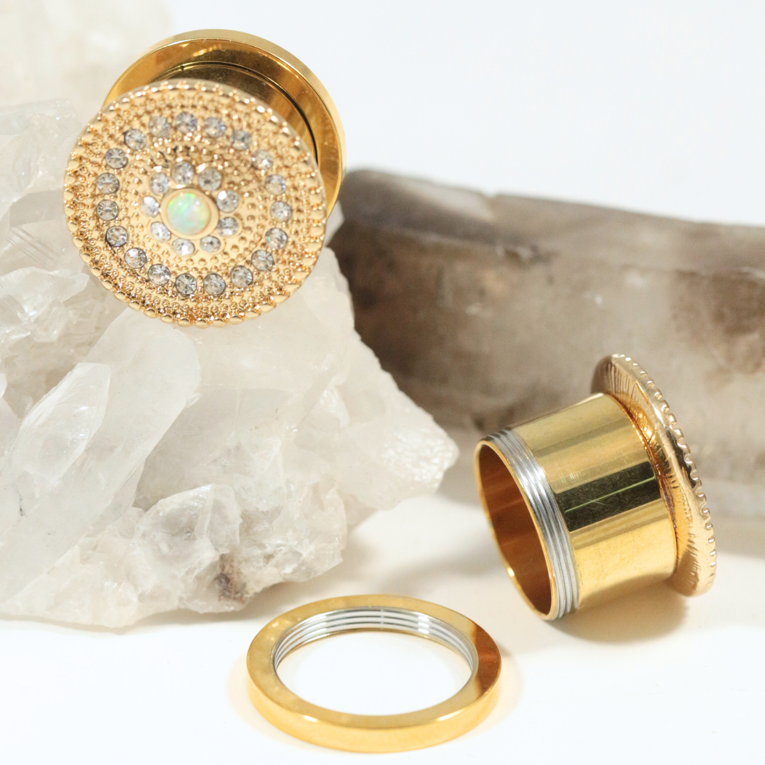 316L Surgical Steel with Gold PVD CZ and Opal Studded Ear Flesh Tunnel - Monster Piercing