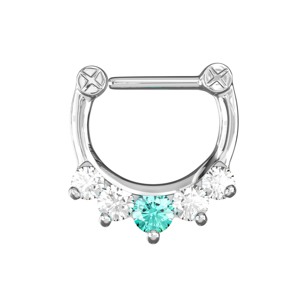 316L Surgical Steel Five Pronged White & Aqua CZs Septum Clicker Ring - Monster Piercing