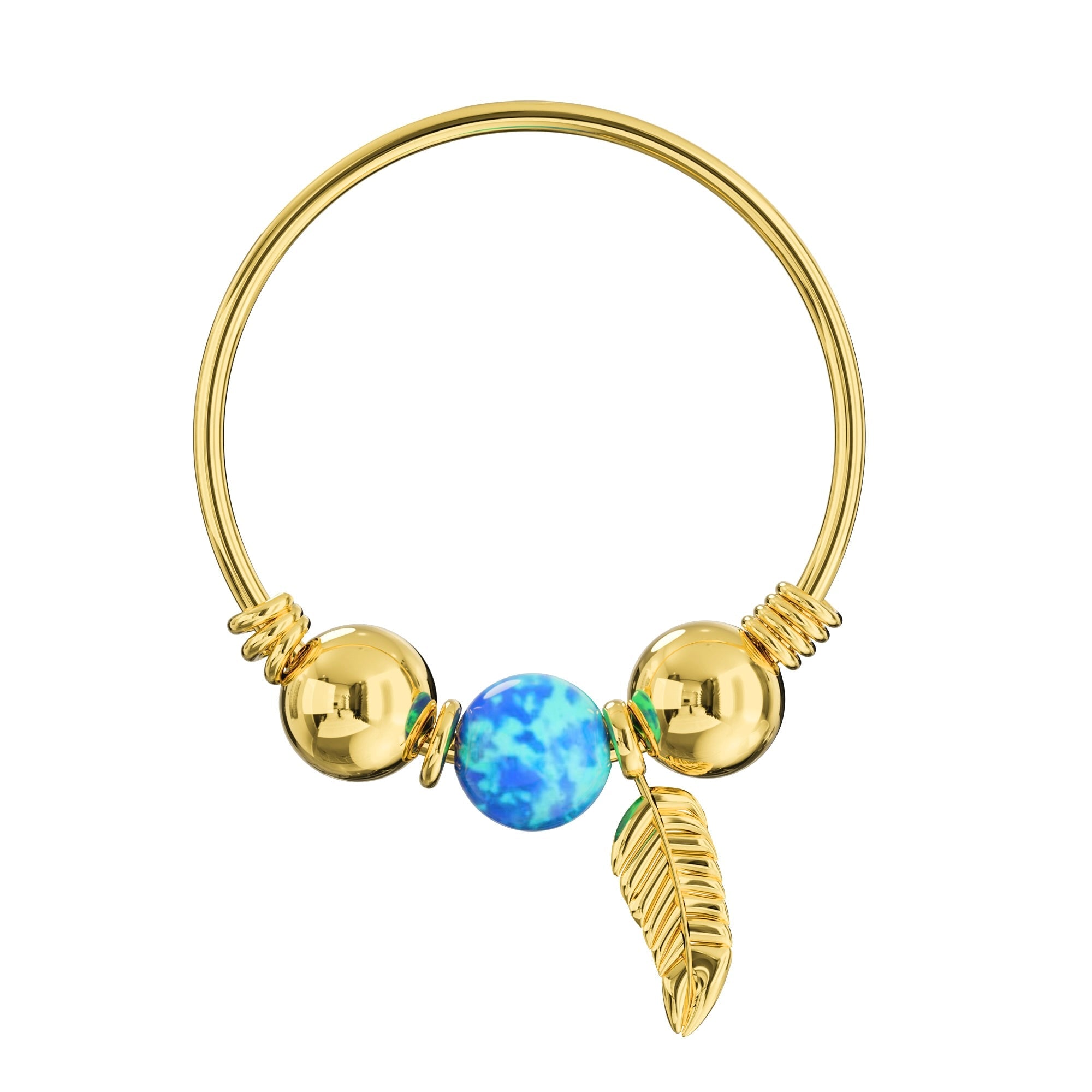 9K Gold Opal Bead and Leaf Charm Nose Hoop Ring - Monster Piercing