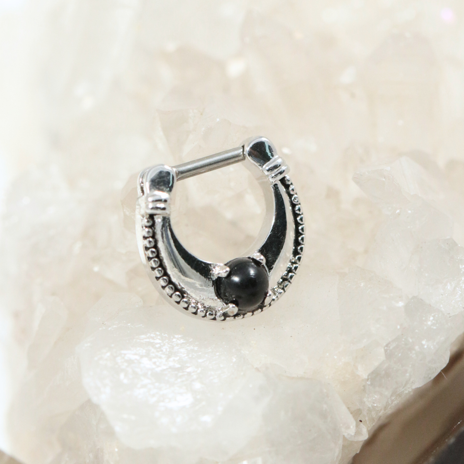 Plain Dotted with Black Stone Jewelled Septum Clicker Ring - Monster Piercing