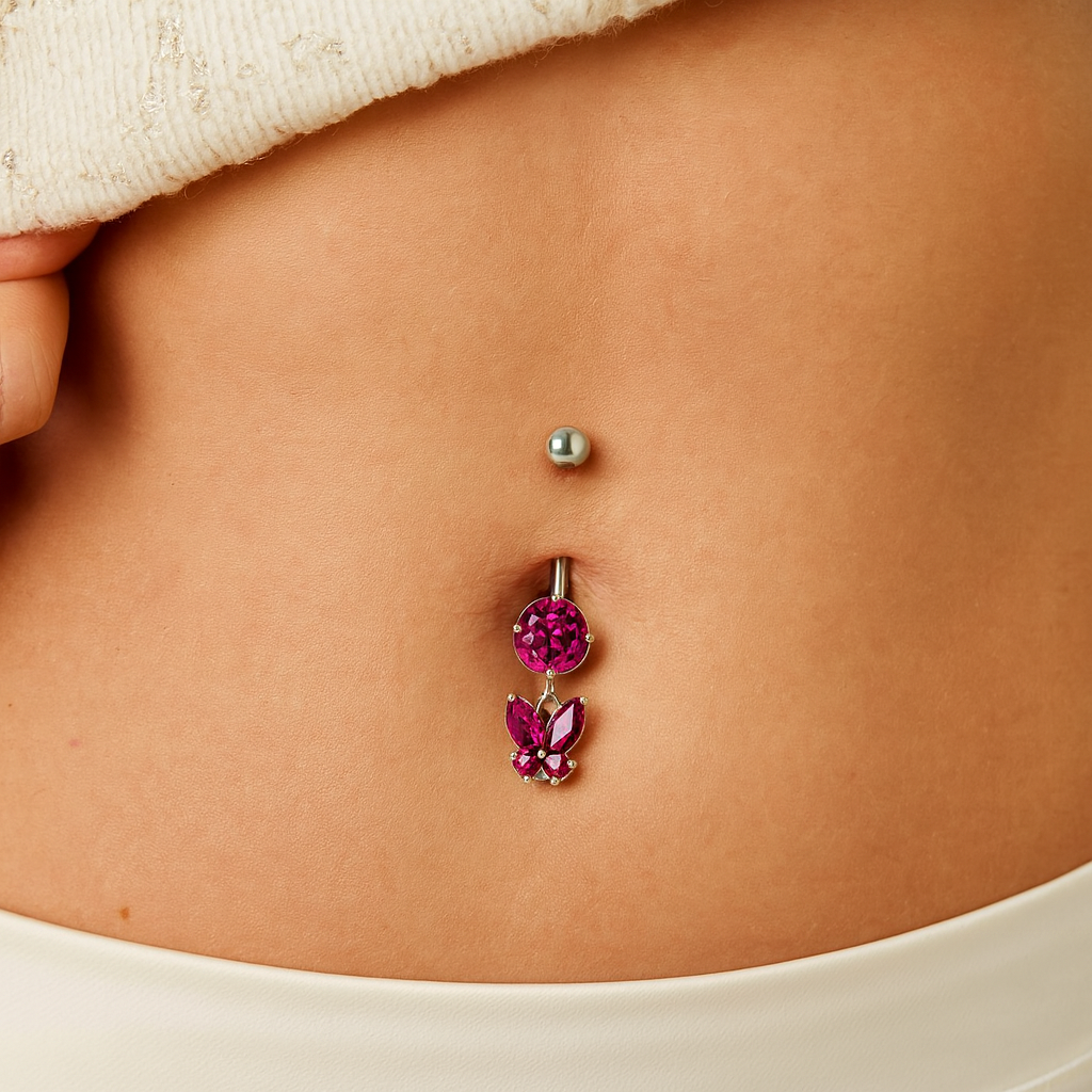 925 Sterling Silver Round CZ Jewelled with Dangling Butterfly Belly Piercing - Monster Piercing