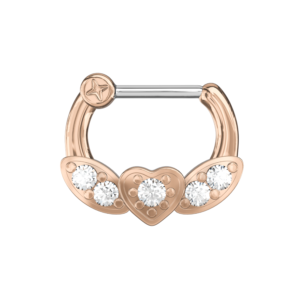 Rose Gold PVD Micro Paved CZ Flying Heart Septum Clicker Ring - Monster Piercing