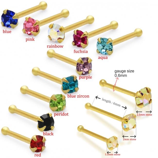 9K Gold with Colourful Crystal Stone Jewelled in Prong set Ball End Nose Stud - Monster Piercing