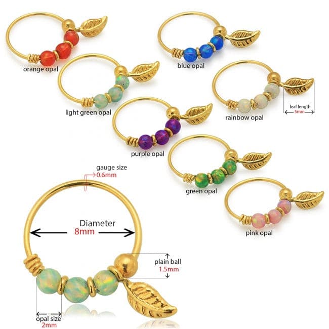 9K Yellow Gold Opal Stones with Leaf Hoop Nose Ring - Monster Piercing