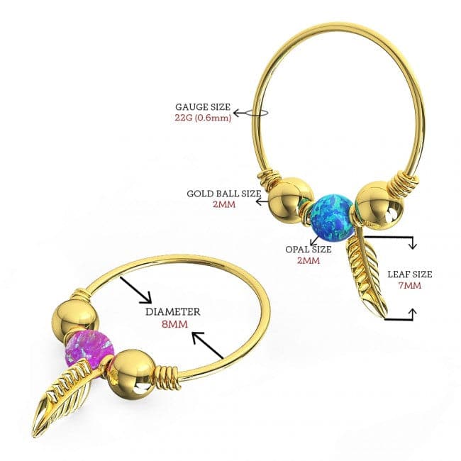 9K Gold Opal Bead and Leaf Charm Nose Hoop Ring - Monster Piercing