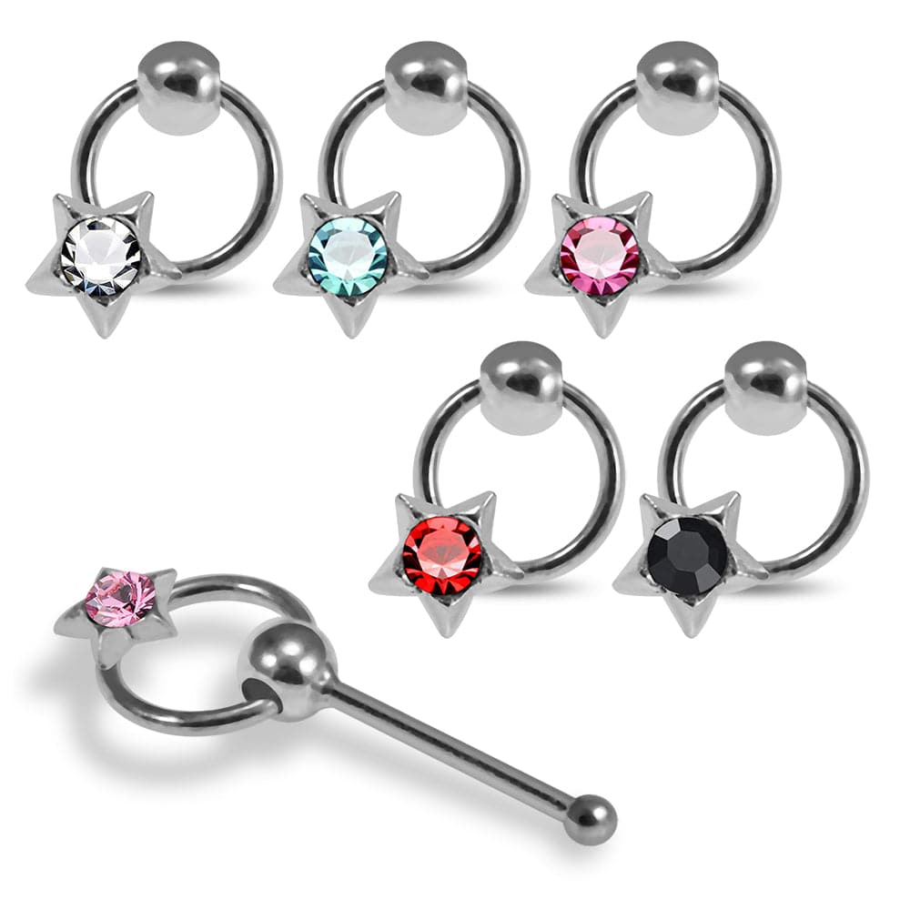 Set of 5pcs Mix 925 Sterling Silver CZ Jewelled Star Hanging in Round Design Ball End Nose stud Box - Monster Piercing