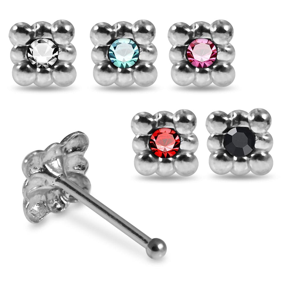 Set of 5pcs Mix 925 Sterling Silver CZ Jewelled Square Design Ball End Nose stud Box - Monster Piercing