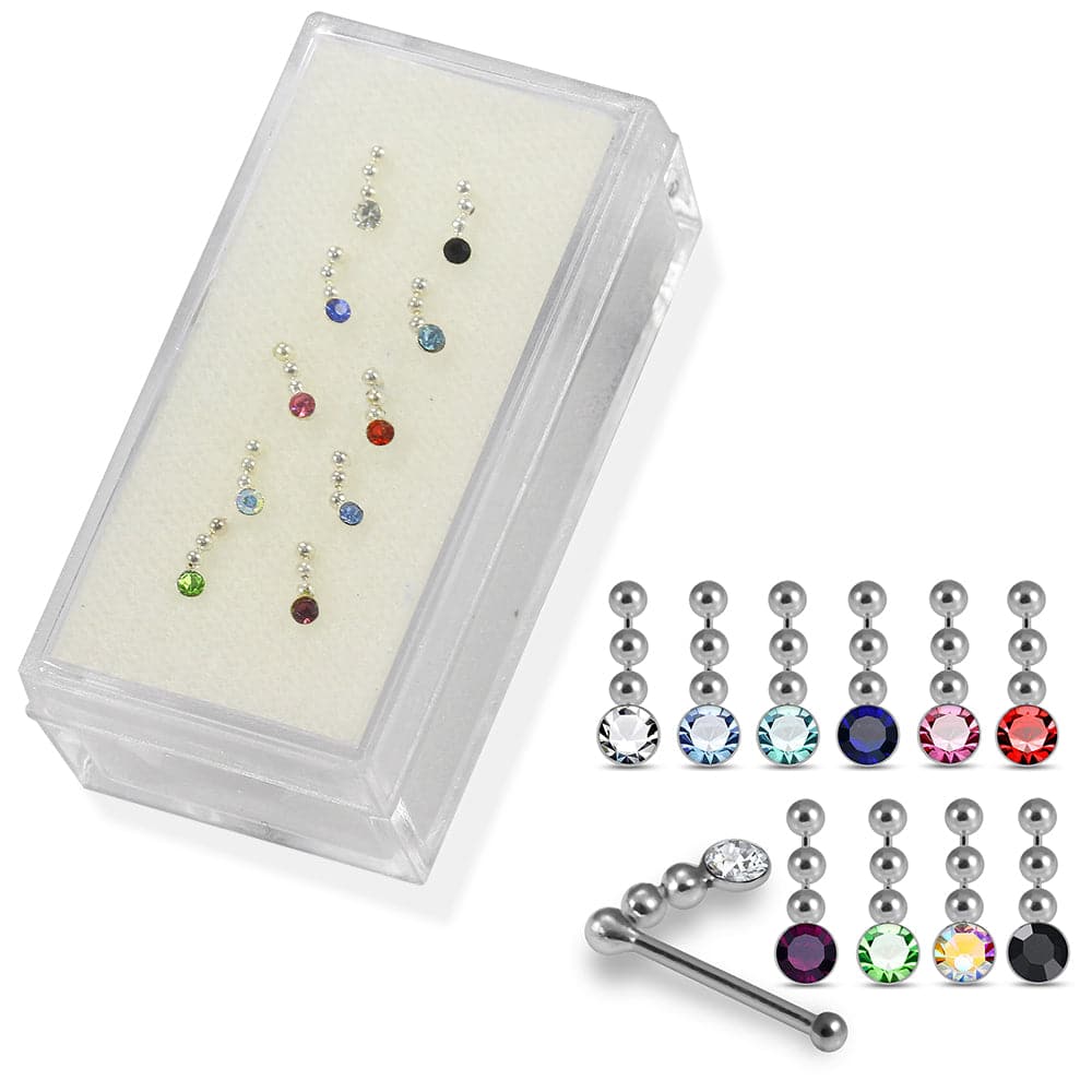 Set of 10pcs 925 Sterling Silver CZ Dangling in Chain Nose Bone Set - Monster Piercing
