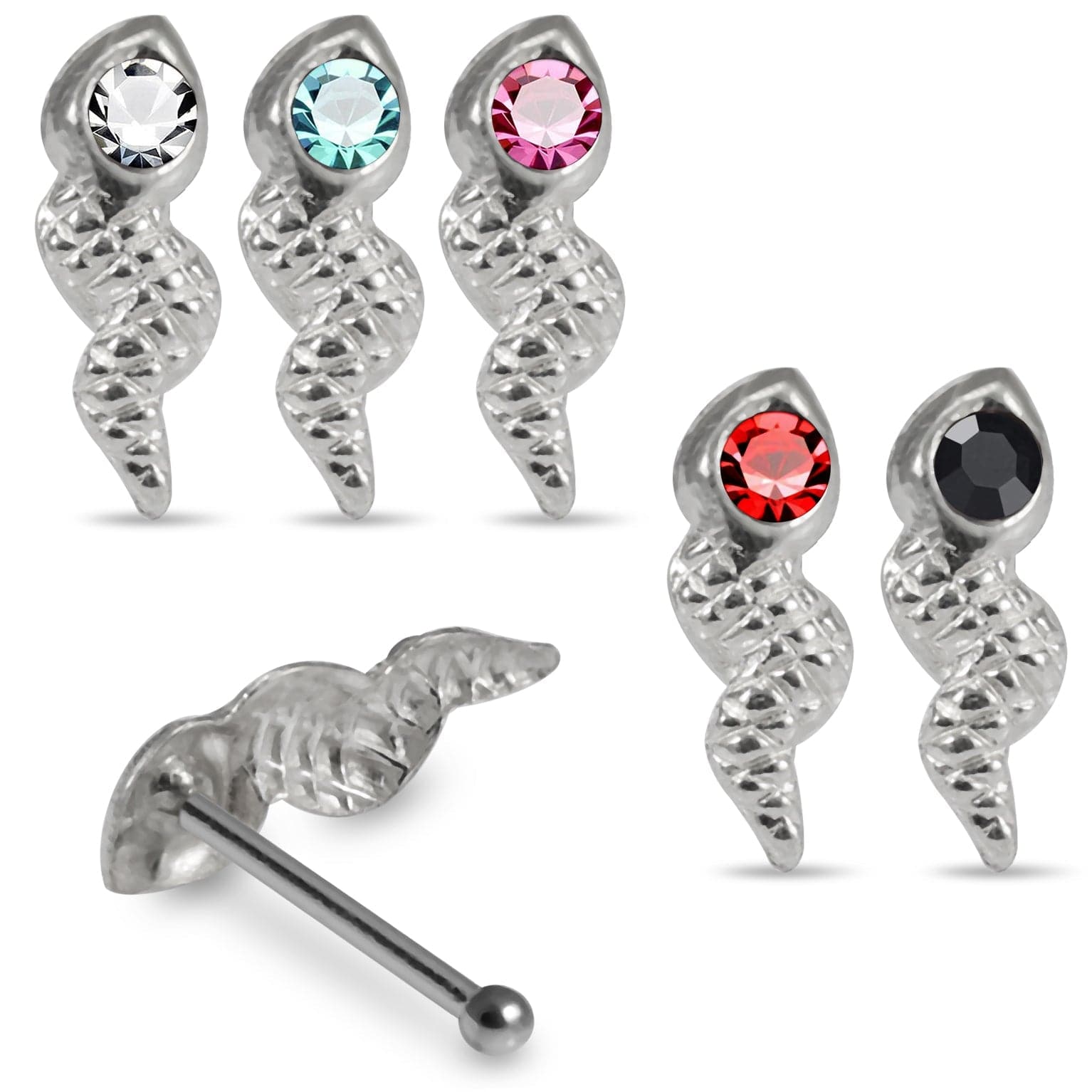 925 Sterling Silver 5pcs CZ Jewelled Snake Ball End Nose stud Box - Monster Piercing