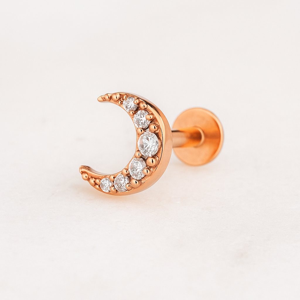 316L Surgical Steel Jewelled Crescent Moon Flat Back Labret Cartilage Helix Tragus Piercing Ear Stud - Monster Piercing