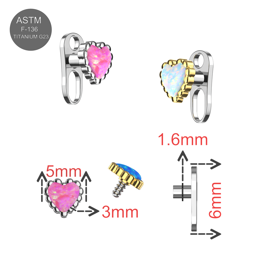 G23 Titanium Opal Heart Jewelled Dermal Anchor - Monster Piercing