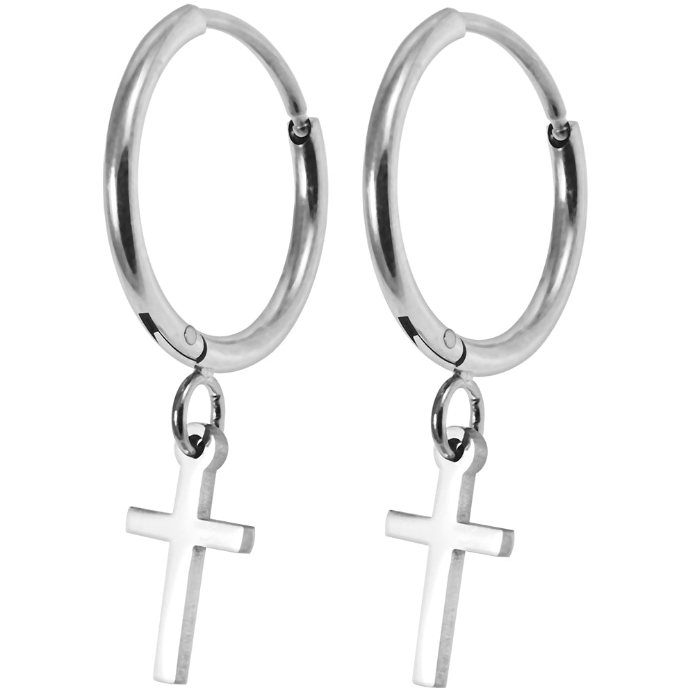 316L Surgical Steel CZ Jewelled Dangling Cross Hinged Earring Pair - Monster Piercing