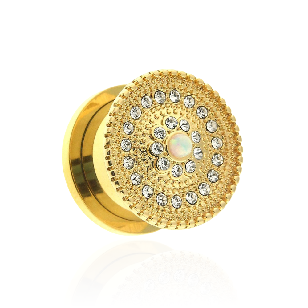 316L Surgical Steel with Gold PVD CZ and Opal Studded Ear Flesh Tunnel - Monster Piercing