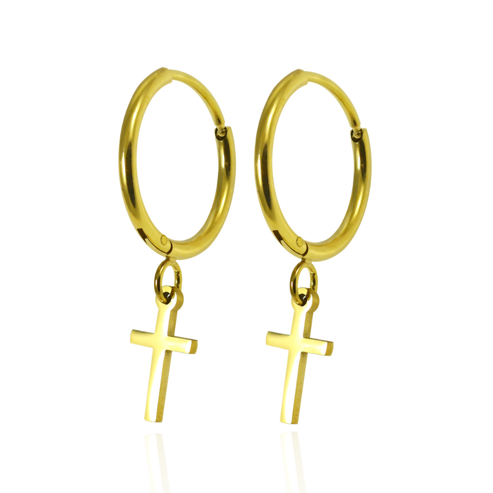 316L Surgical Steel CZ Jewelled Dangling Cross Hinged Earring Pair - Monster Piercing