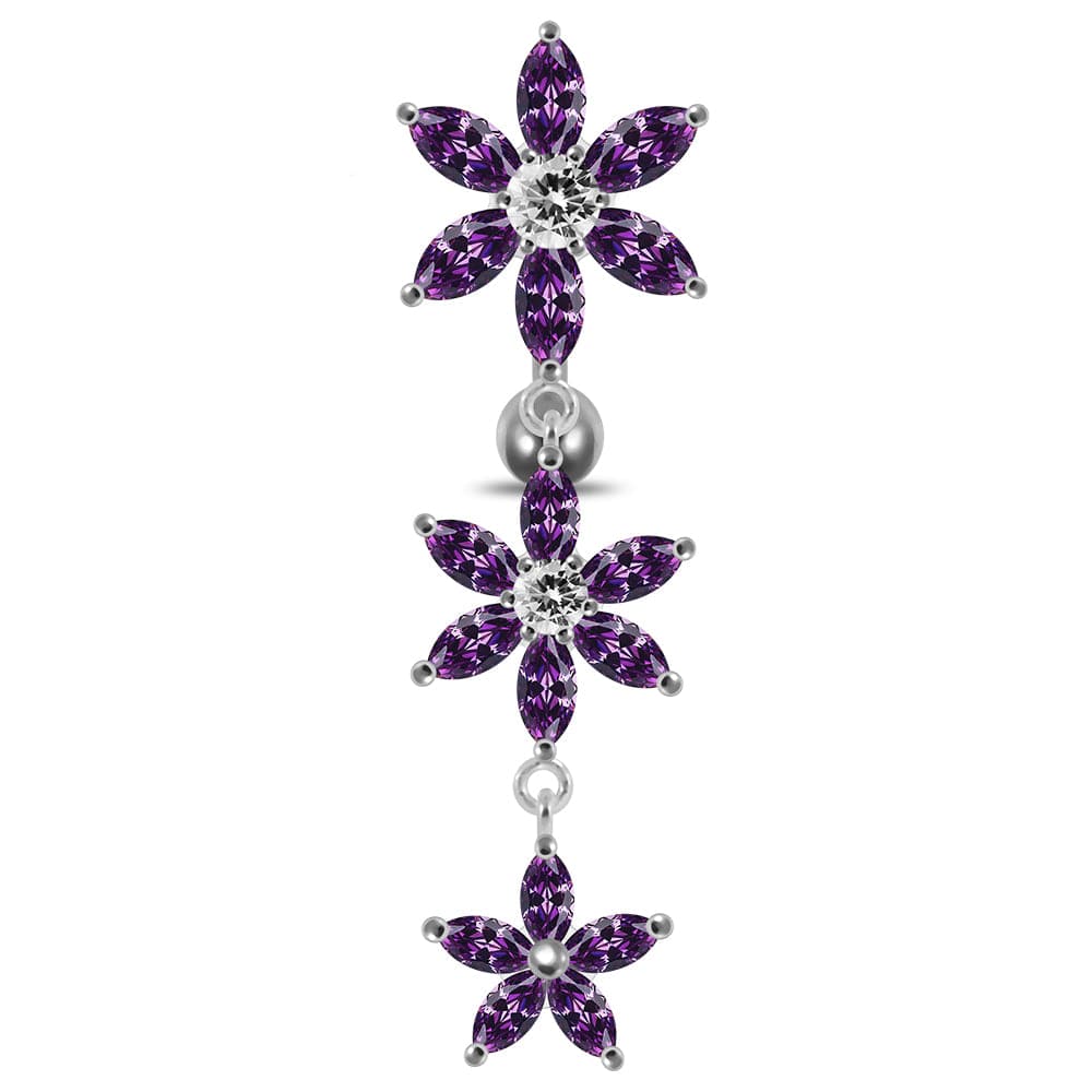 925 Sterling Silver Moving Jewelled Multi Flower Designed SS Curved Banana Bar Belly Ring - Monster Piercing