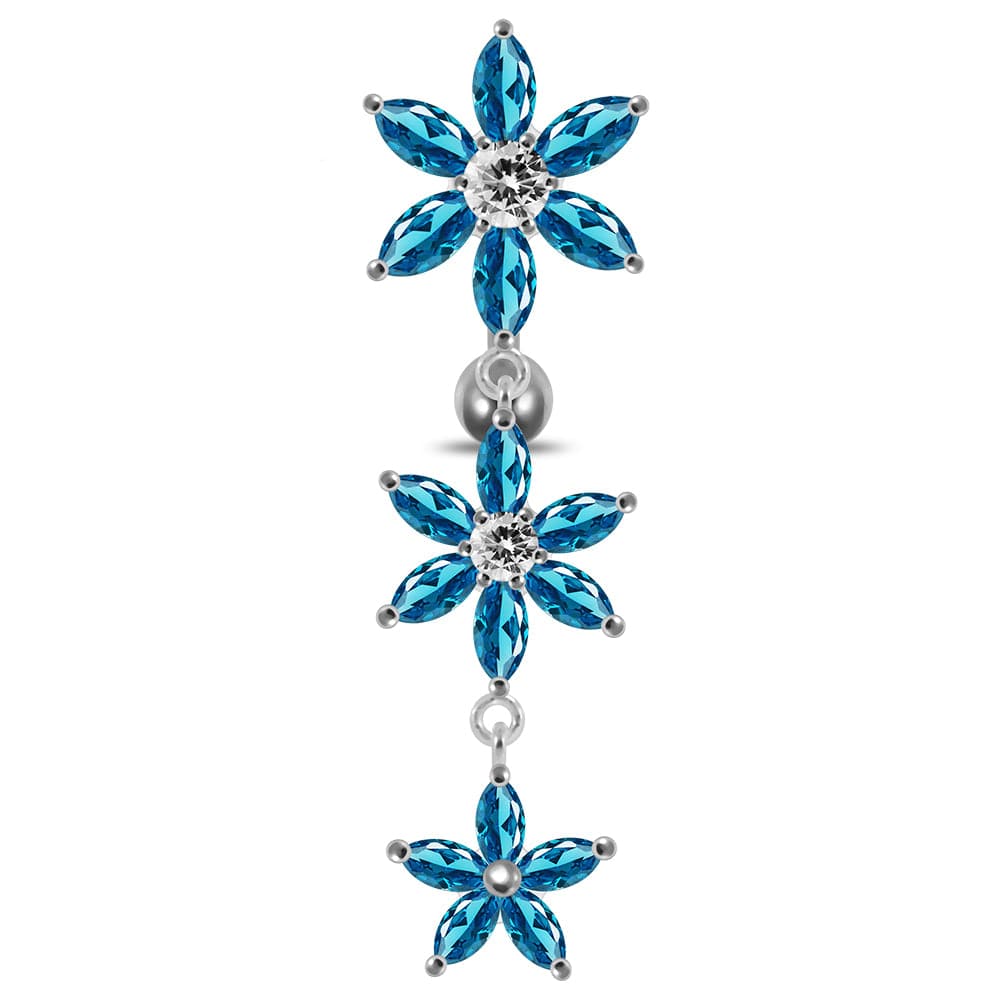 925 Sterling Silver Moving Jewelled Multi Flower Designed SS Curved Banana Bar Belly Ring - Monster Piercing