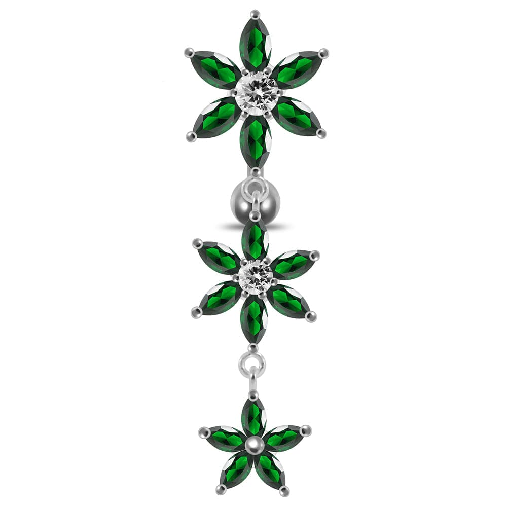 925 Sterling Silver Moving Jewelled Multi Flower Designed SS Curved Banana Bar Belly Ring - Monster Piercing
