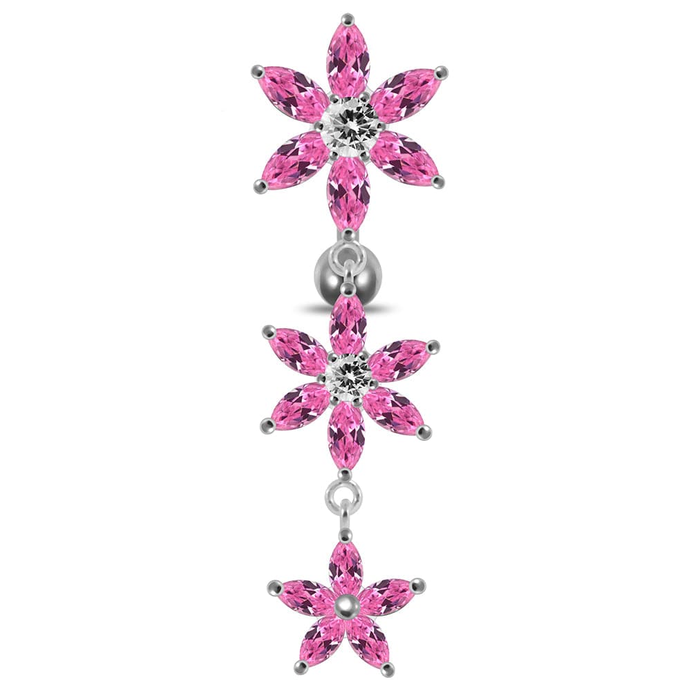 925 Sterling Silver Moving Jewelled Multi Flower Designed SS Curved Banana Bar Belly Ring - Monster Piercing