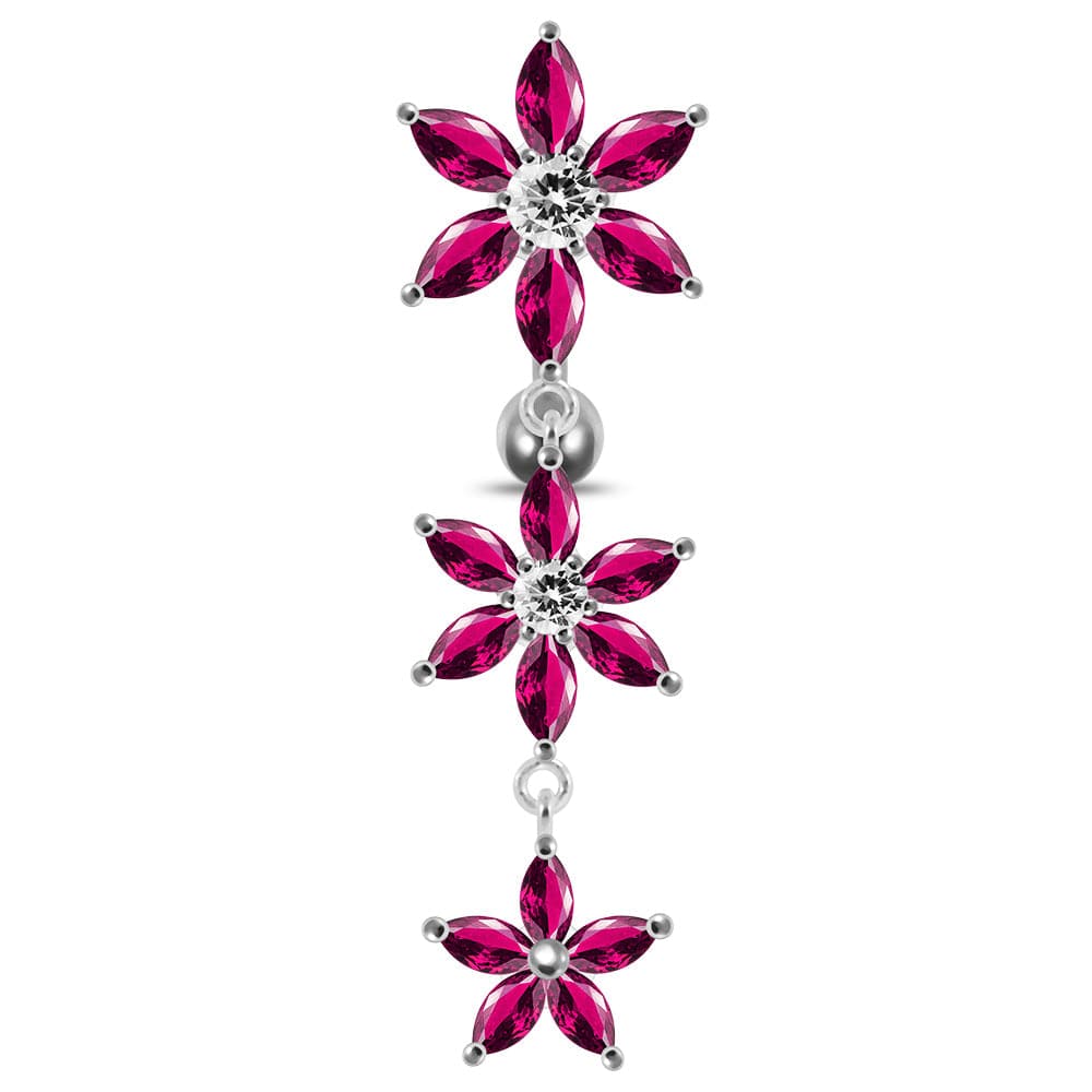 925 Sterling Silver Moving Jewelled Multi Flower Designed SS Curved Banana Bar Belly Ring - Monster Piercing