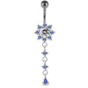 925 Sterling Silver Moving Jewelled Flower Design Curved Bar Belly Ring