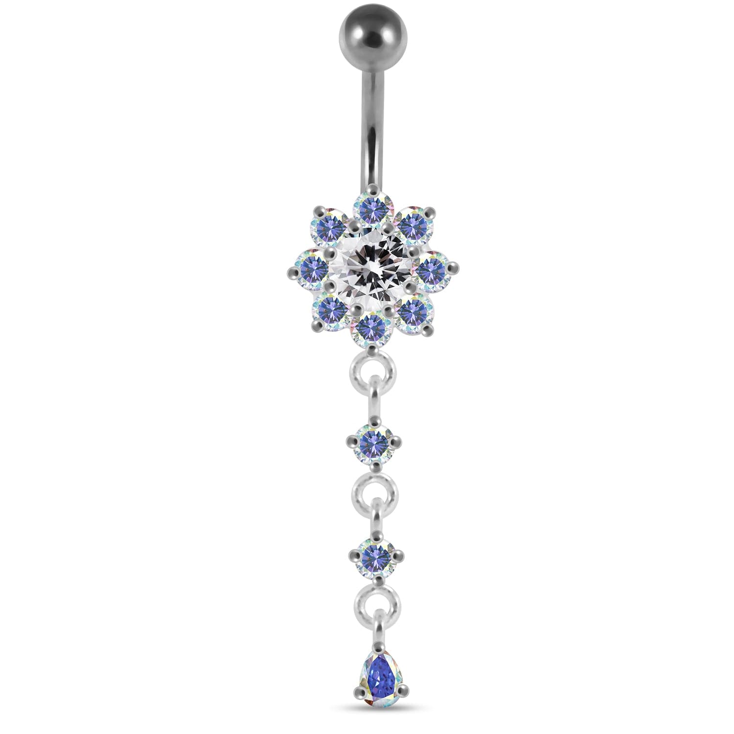 925 Sterling Silver Moving Jewelled Flower Design Curved Bar Belly Ring - Monster Piercing