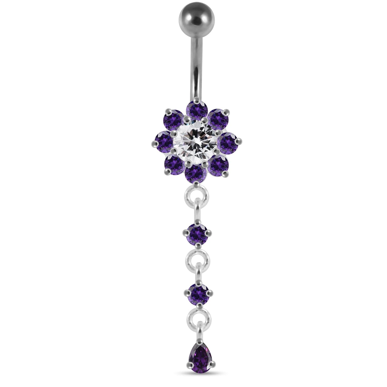 925 Sterling Silver Moving Jewelled Flower Design Curved Bar Belly Ring - Monster Piercing