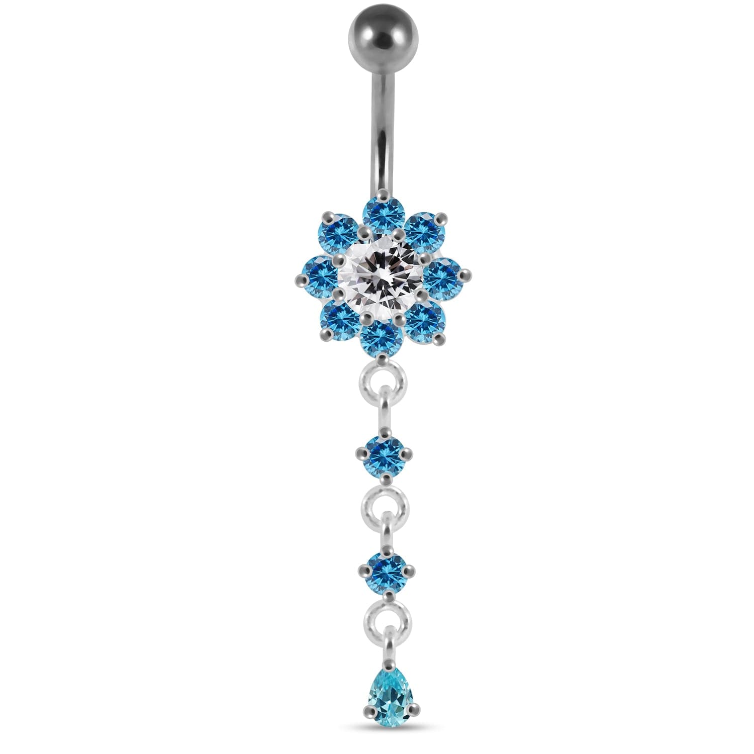 925 Sterling Silver Moving Jewelled Flower Design Curved Bar Belly Ring - Monster Piercing