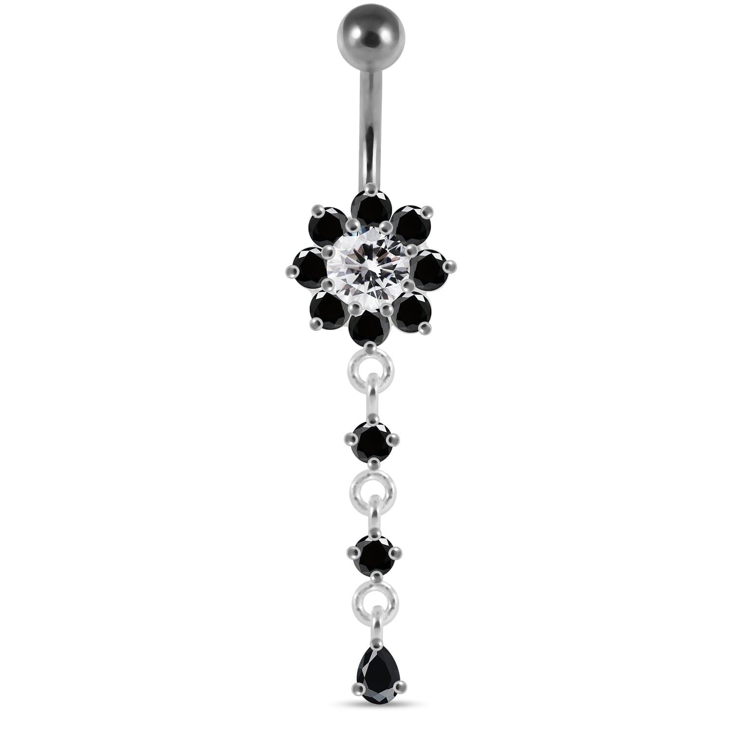 925 Sterling Silver Moving Jewelled Flower Design Curved Bar Belly Ring - Monster Piercing