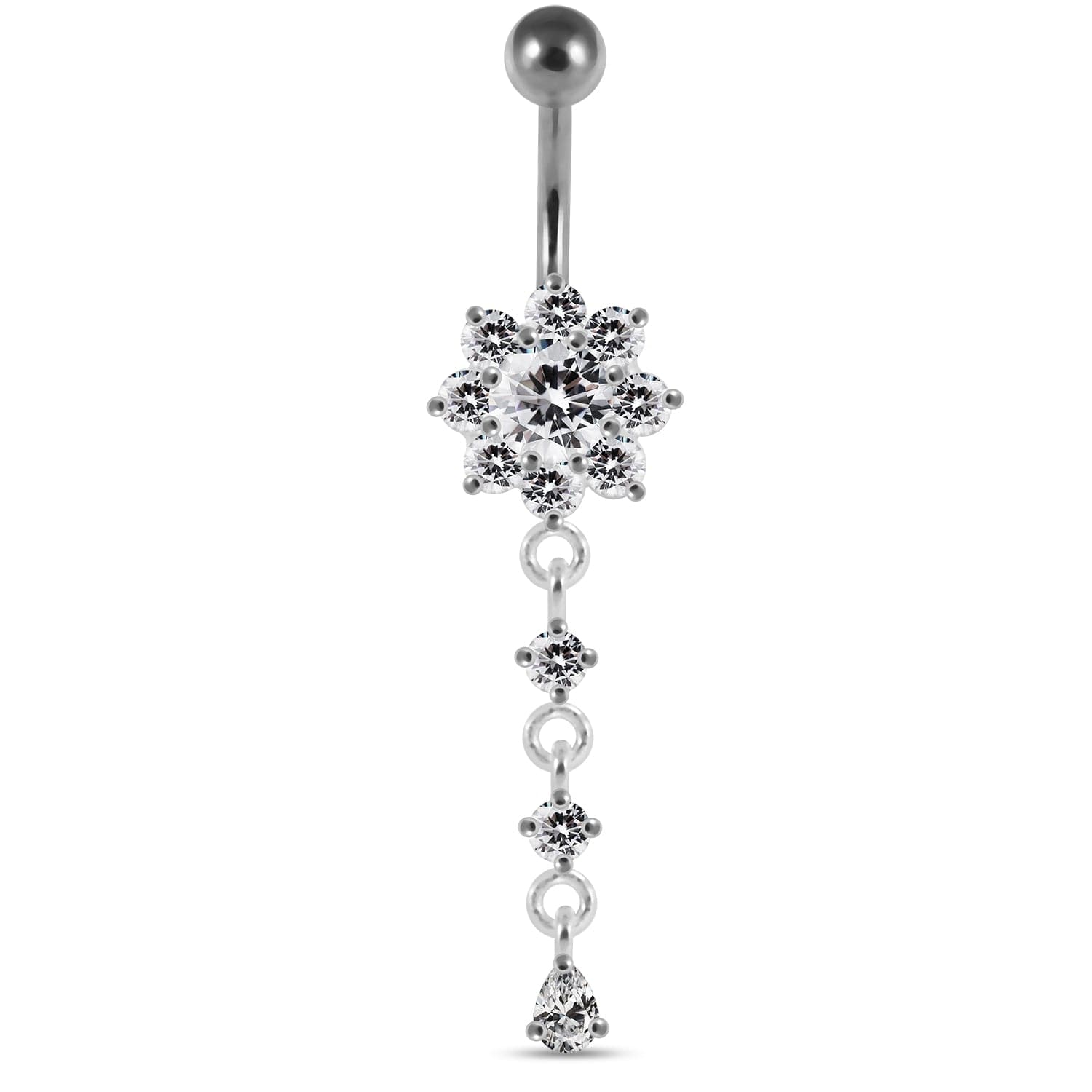 925 Sterling Silver Moving Jewelled Flower Design Curved Bar Belly Ring - Monster Piercing