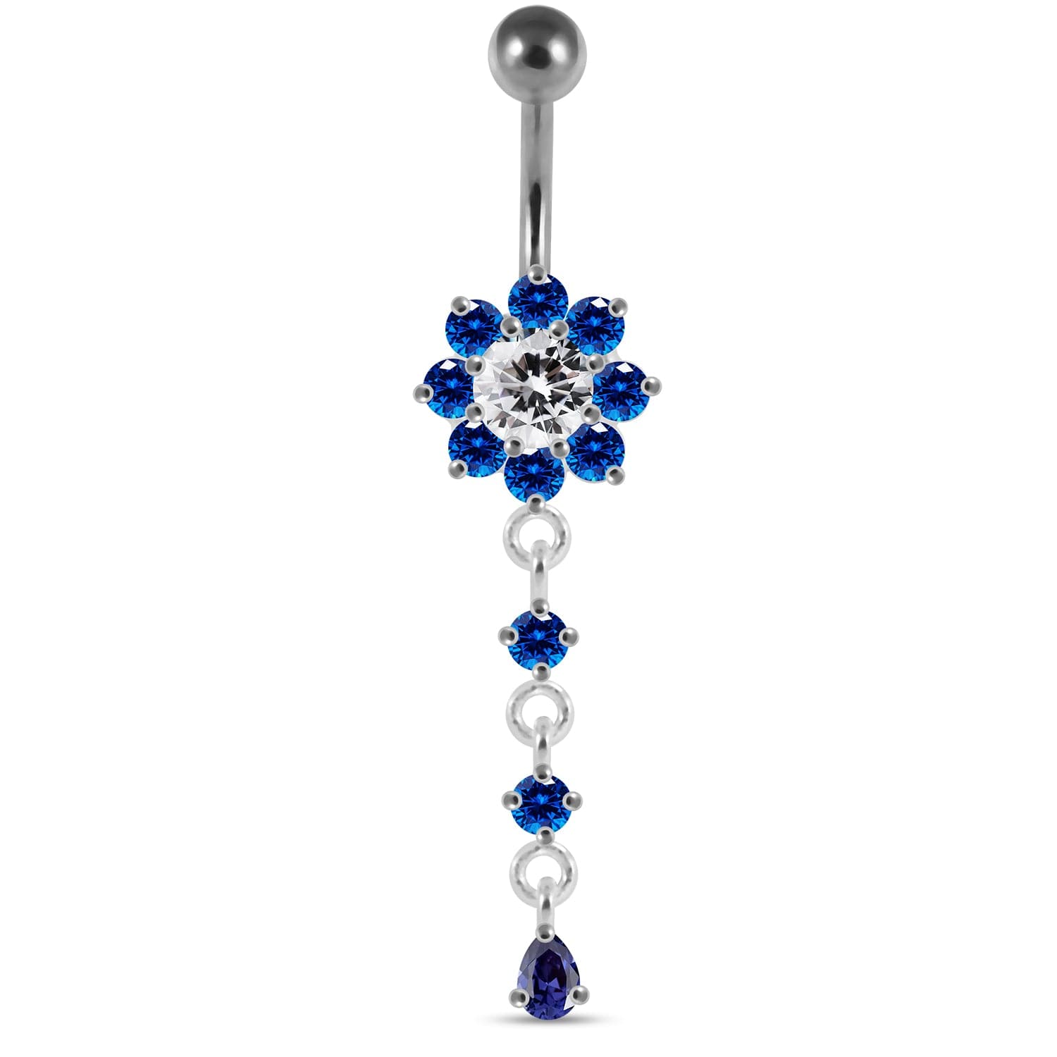 925 Sterling Silver Moving Jewelled Flower Design Curved Bar Belly Ring - Monster Piercing