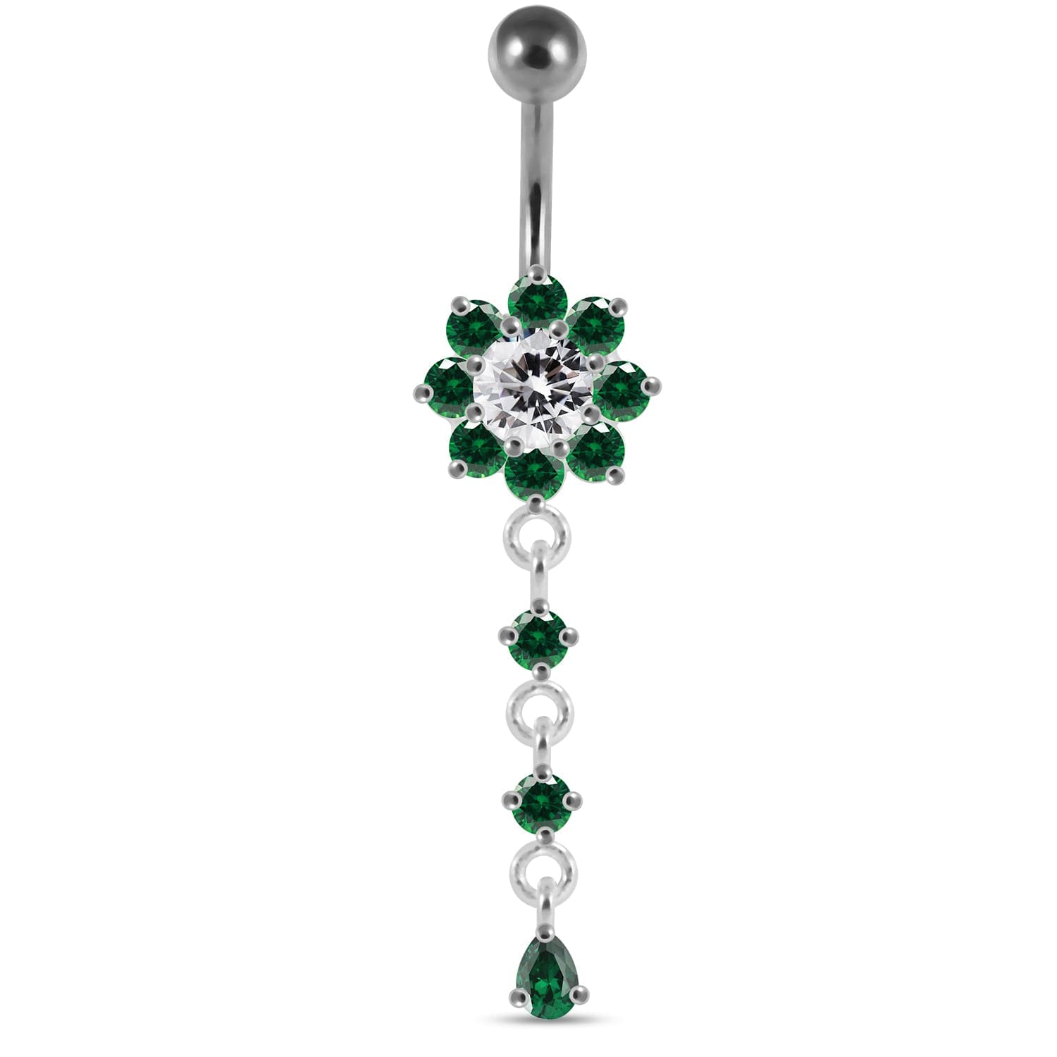 925 Sterling Silver Moving Jewelled Flower Design Curved Bar Belly Ring - Monster Piercing