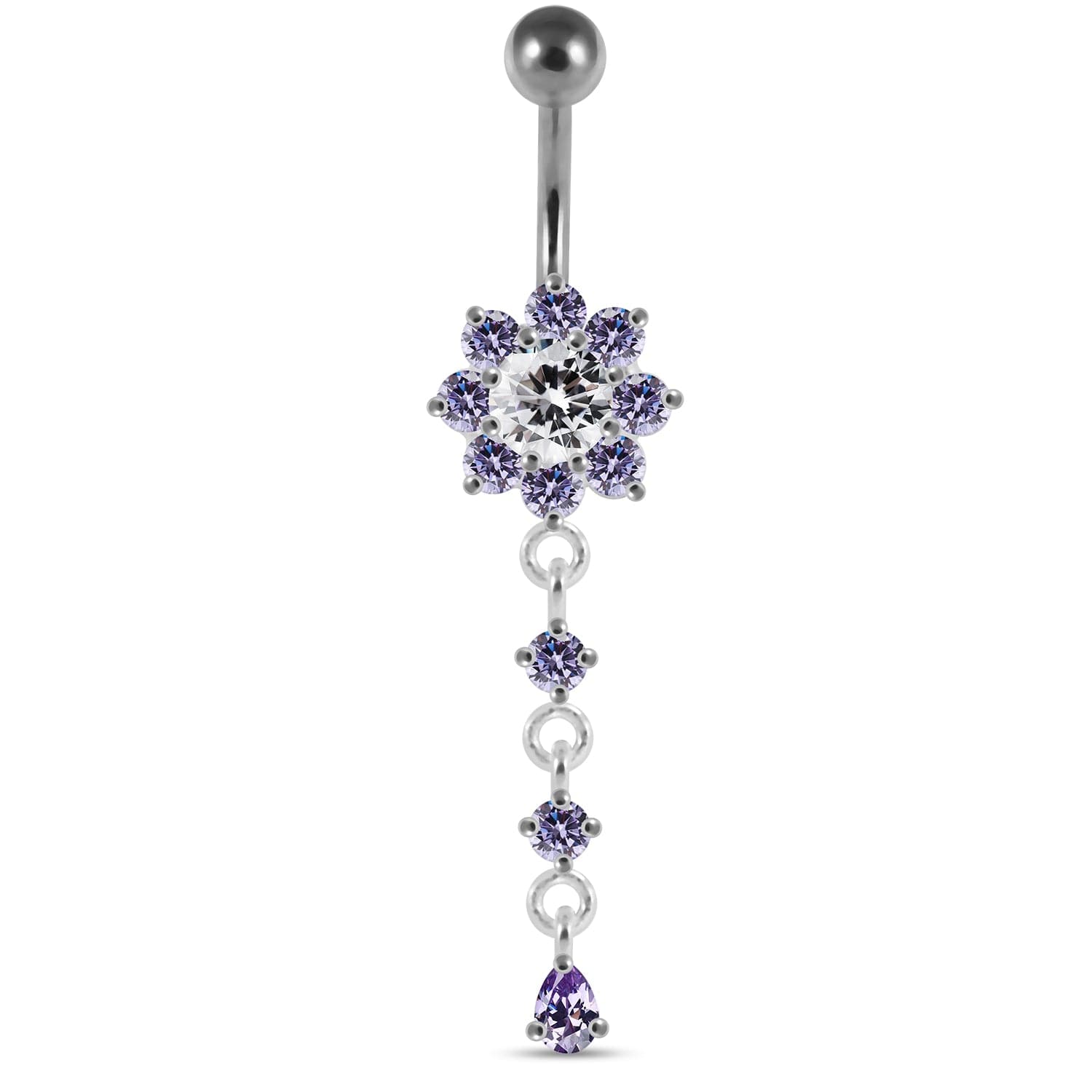 925 Sterling Silver Moving Jewelled Flower Design Curved Bar Belly Ring - Monster Piercing