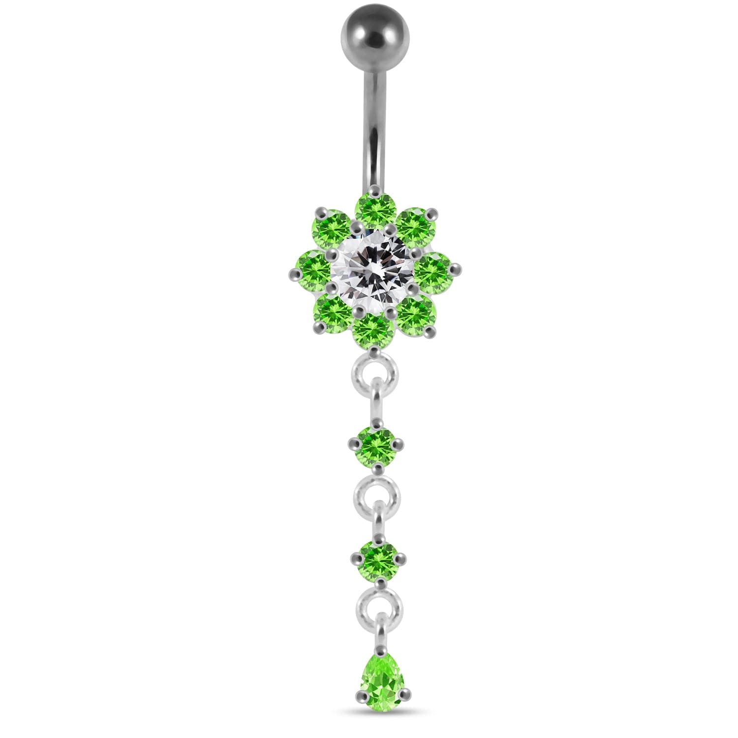 925 Sterling Silver Moving Jewelled Flower Design Curved Bar Belly Ring - Monster Piercing