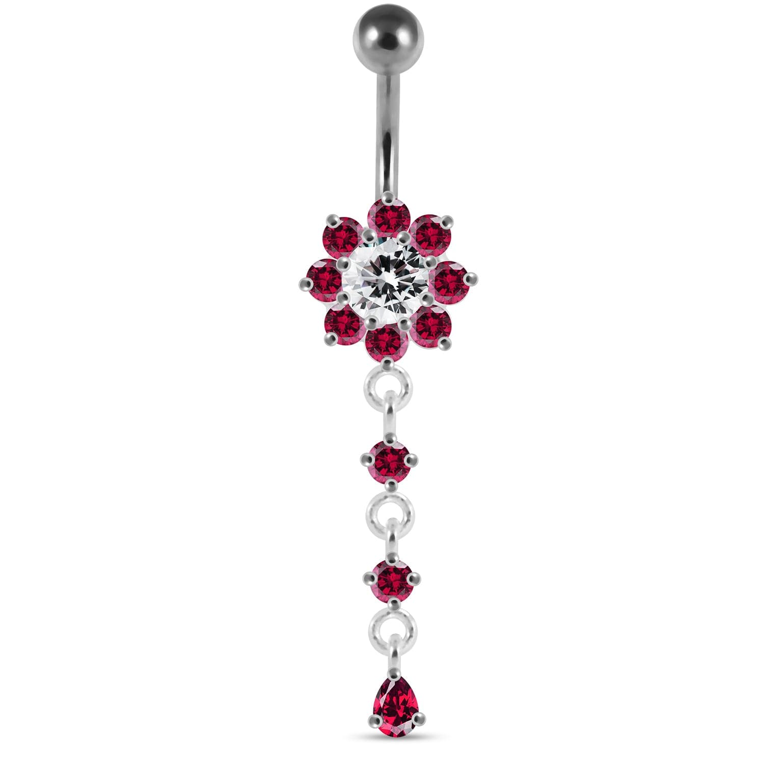 925 Sterling Silver Moving Jewelled Flower Design Curved Bar Belly Ring - Monster Piercing