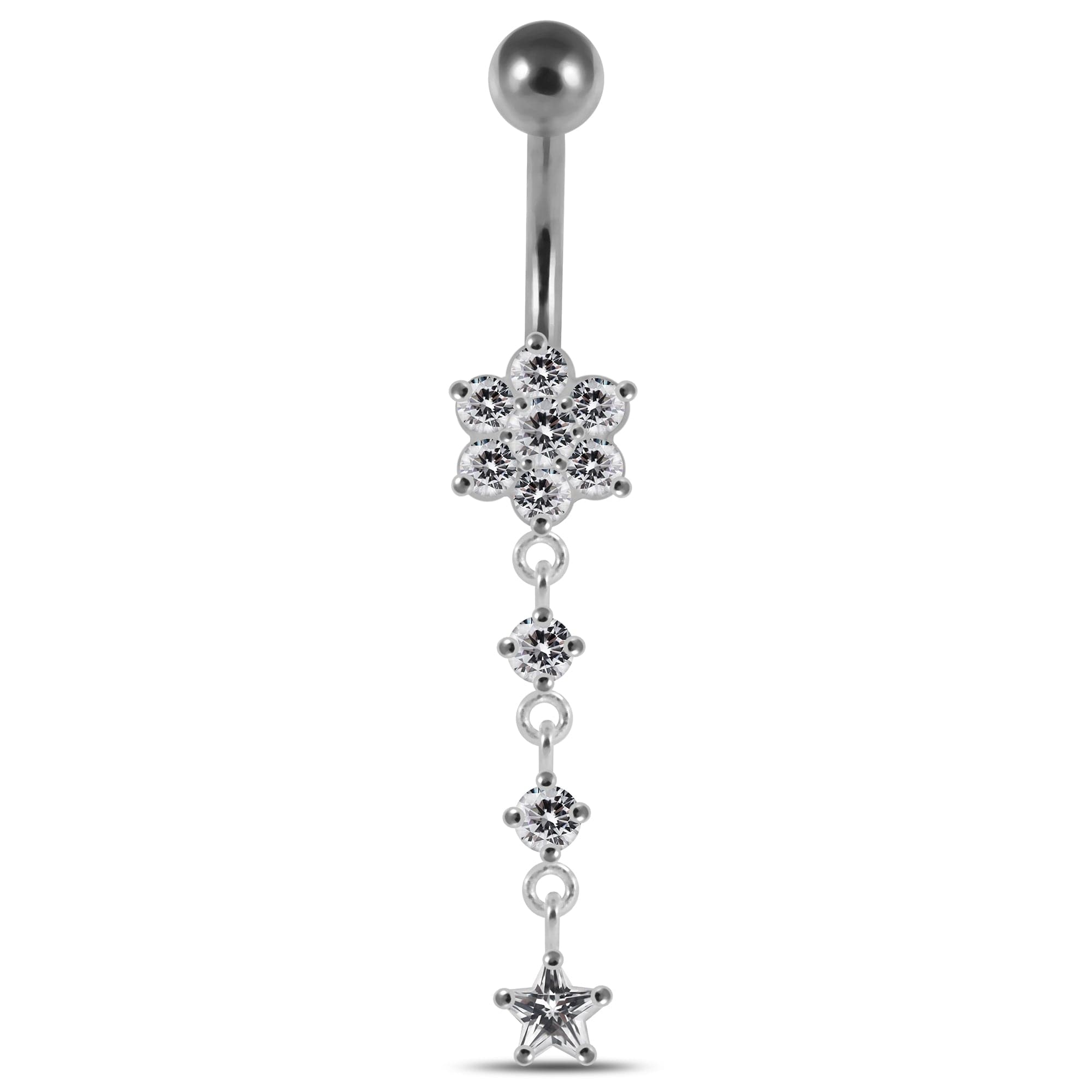 Moving Jeweled Flower Design Banana Bar Navel Ring - Monster Piercing