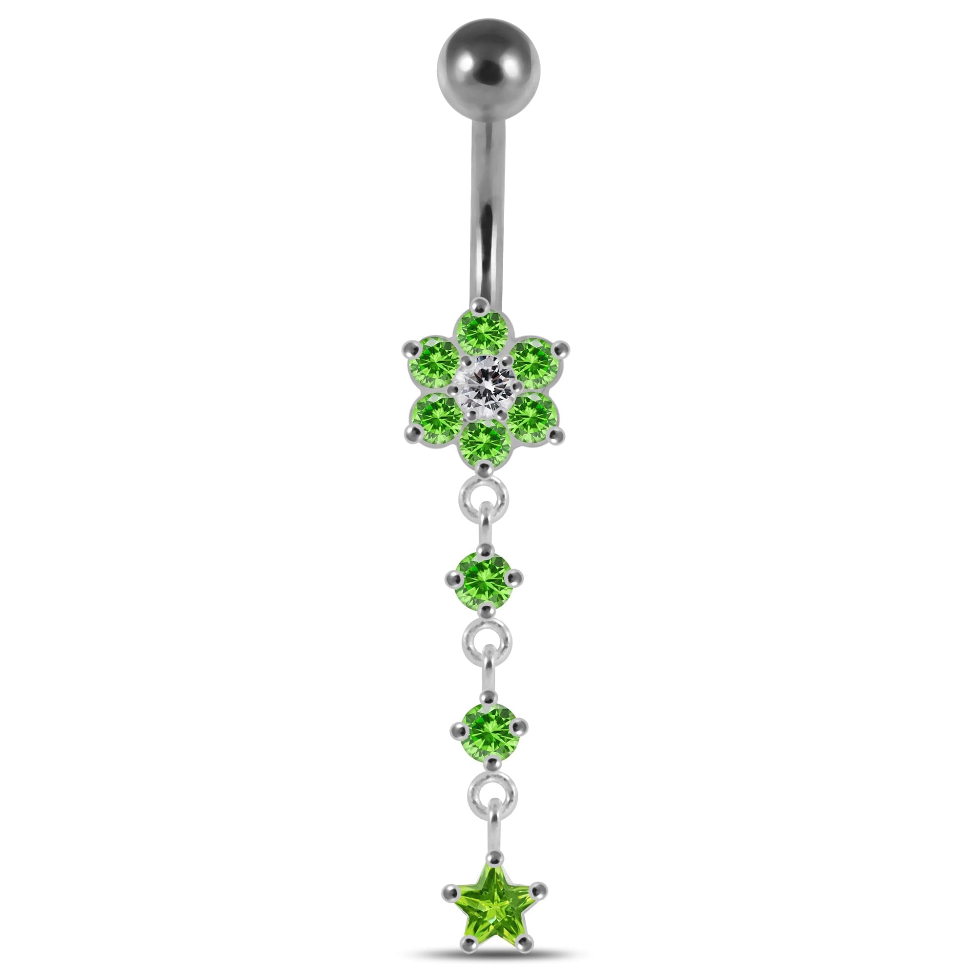 Moving Jeweled Flower Design Banana Bar Navel Ring - Monster Piercing