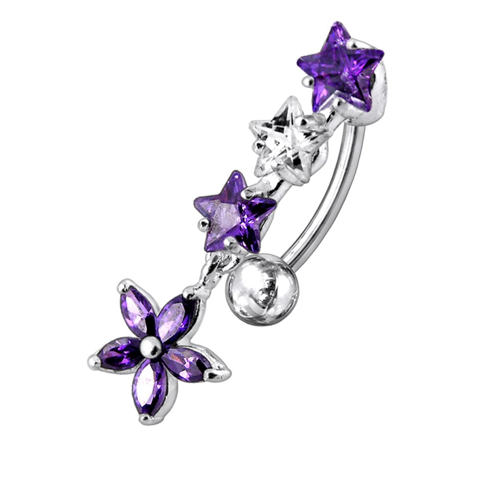 925 Sterling Silver Flower Dangling Jewelled Navel Banana - Monster Piercing
