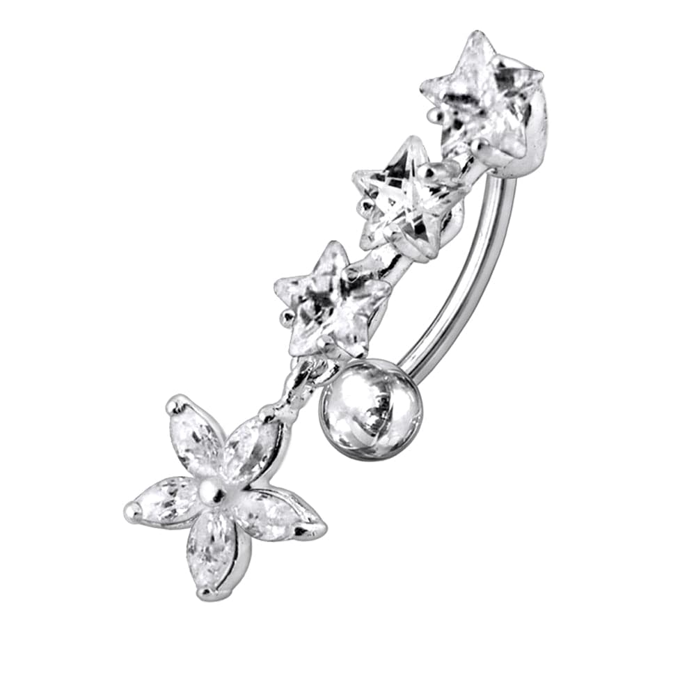925 Sterling Silver Flower Dangling Jewelled Navel Banana - Monster Piercing