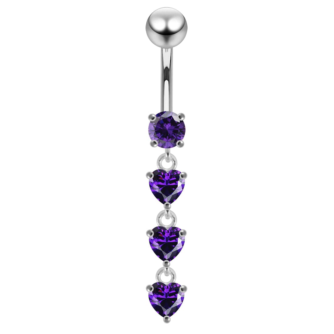 925 Sterling Silver Dangling Jewelled Hearts Navel Ring - Monster Piercing