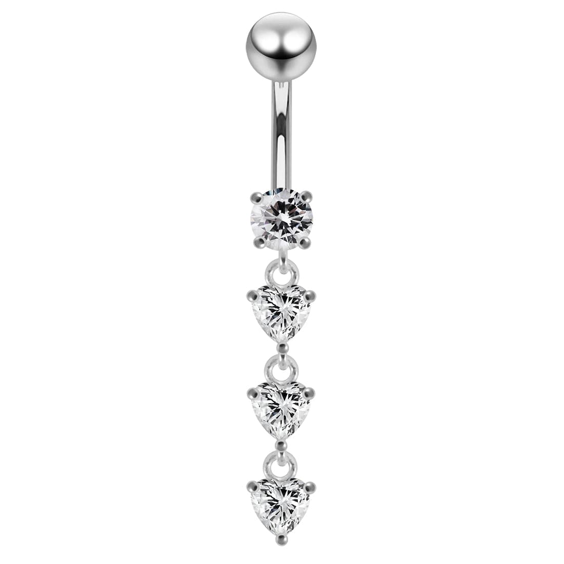925 Sterling Silver Dangling Jewelled Hearts Navel Ring - Monster Piercing